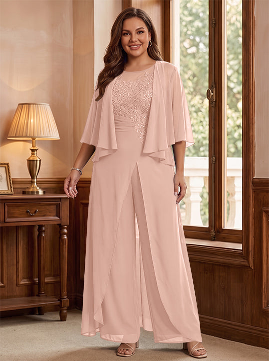 A-Line/Princess Scoop Floor-Length Plus Size Mother of the Bride Jumpsuits with Jacket, Split Side &amp; Appliques