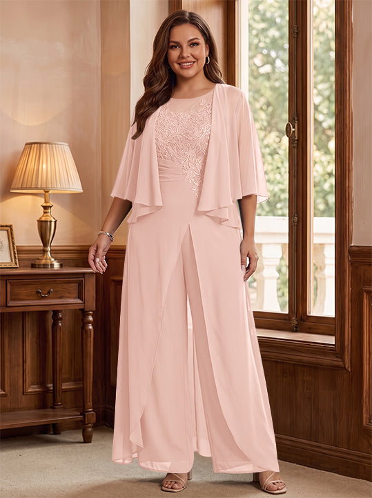 A-Line/Princess Scoop Floor-Length Plus Size Mother of the Bride Jumpsuits with Jacket, Split Side &amp; Appliques