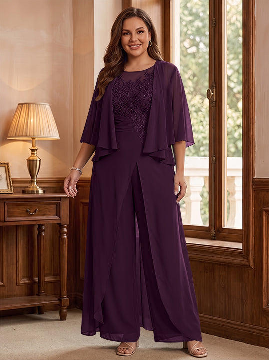 A-Line/Princess Scoop Floor-Length Plus Size Mother of the Bride Jumpsuits with Jacket, Split Side &amp; Appliques