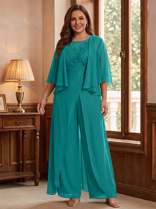 A-Line/Princess Scoop Floor-Length Plus Size Mother of the Bride Jumpsuits with Jacket, Split Side &amp; Appliques