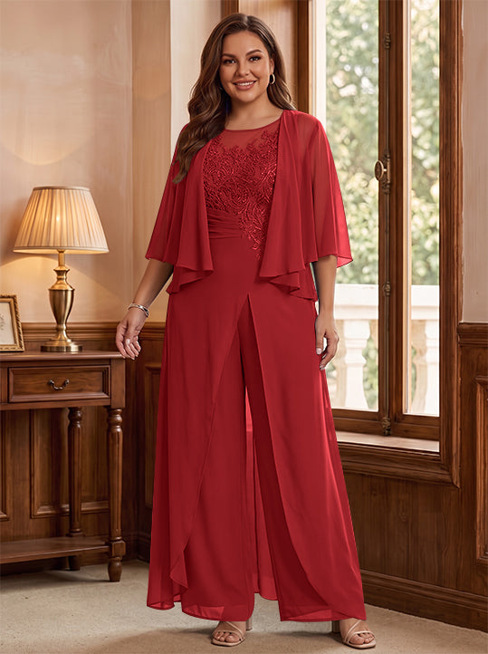 A-Line/Princess Scoop Floor-Length Plus Size Mother of the Bride Jumpsuits with Jacket, Split Side &amp; Appliques