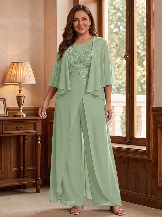 A-Line/Princess Scoop Floor-Length Plus Size Mother of the Bride Jumpsuits with Jacket, Split Side &amp; Appliques