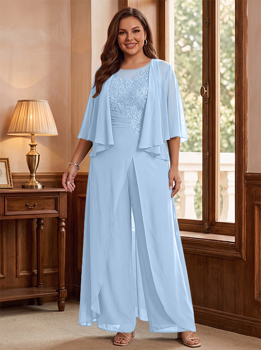 A-Line/Princess Scoop Floor-Length Plus Size Mother of the Bride Jumpsuits with Jacket, Split Side &amp; Appliques