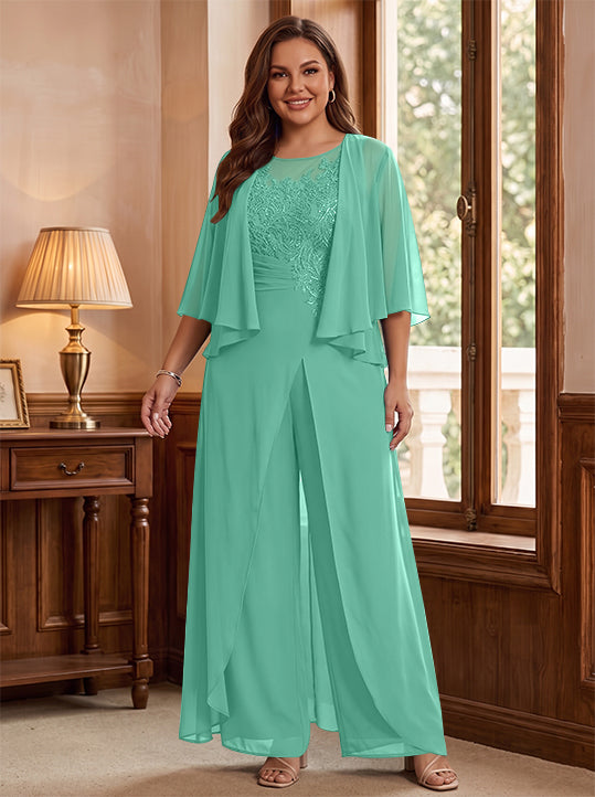 A-Line/Princess Scoop Floor-Length Plus Size Mother of the Bride Jumpsuits with Jacket, Split Side &amp; Appliques