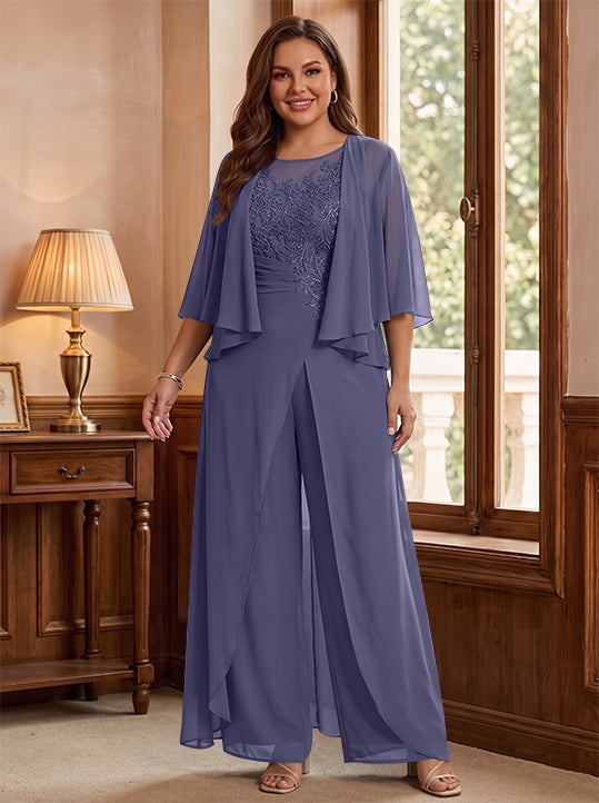 A-Line/Princess Scoop Floor-Length Plus Size Mother of the Bride Jumpsuits with Jacket, Split Side &amp; Appliques