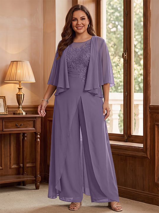 A-Line/Princess Scoop Floor-Length Plus Size Mother of the Bride Jumpsuits with Jacket, Split Side &amp; Appliques