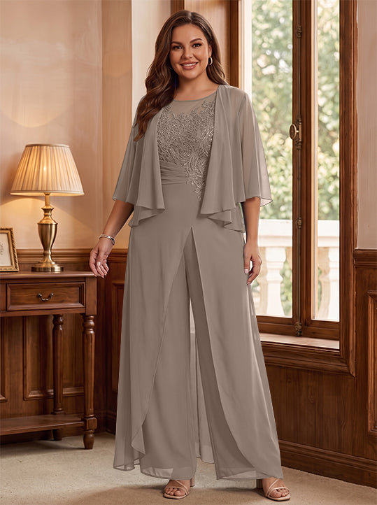 A-Line/Princess Scoop Floor-Length Plus Size Mother of the Bride Jumpsuits with Jacket, Split Side &amp; Appliques