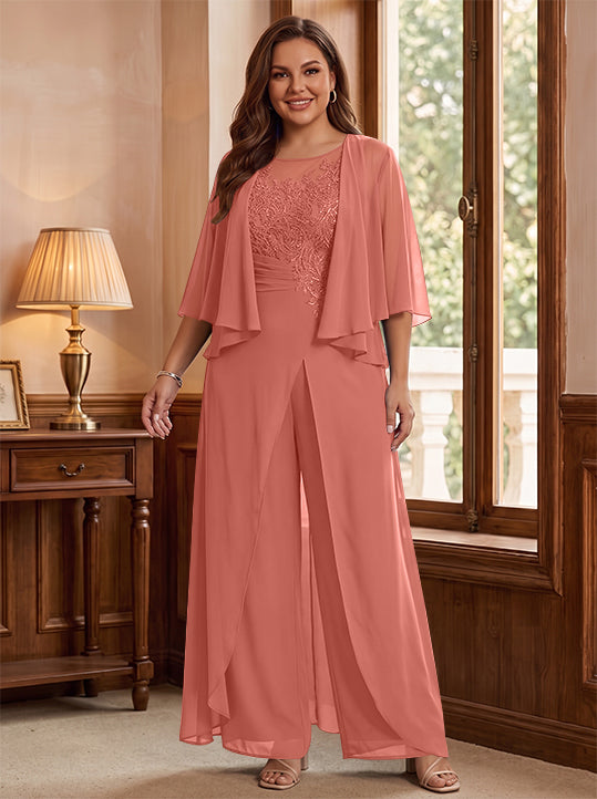 A-Line/Princess Scoop Floor-Length Plus Size Mother of the Bride Jumpsuits with Jacket, Split Side &amp; Appliques