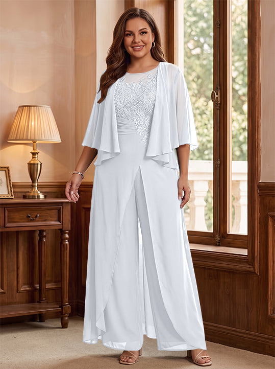 A-Line/Princess Scoop Floor-Length Plus Size Mother of the Bride Jumpsuits with Jacket, Split Side &amp; Appliques