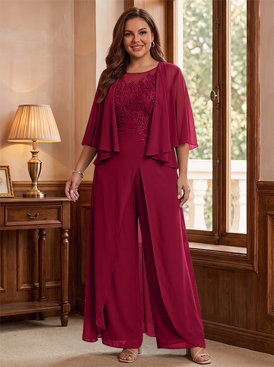A-Line/Princess Scoop Floor-Length Plus Size Mother of the Bride Jumpsuits with Jacket, Split Side &amp; Appliques