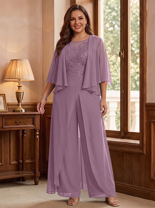 A-Line/Princess Scoop Floor-Length Plus Size Mother of the Bride Jumpsuits with Jacket, Split Side &amp; Appliques