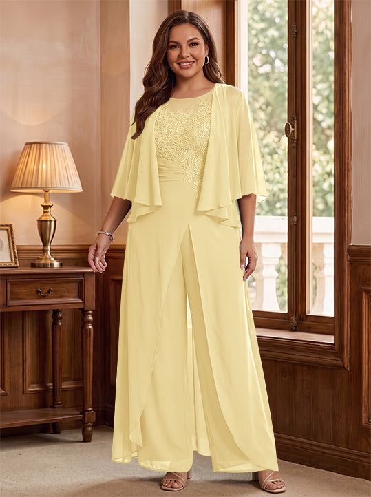A-Line/Princess Scoop Floor-Length Plus Size Mother of the Bride Jumpsuits with Jacket, Split Side &amp; Appliques