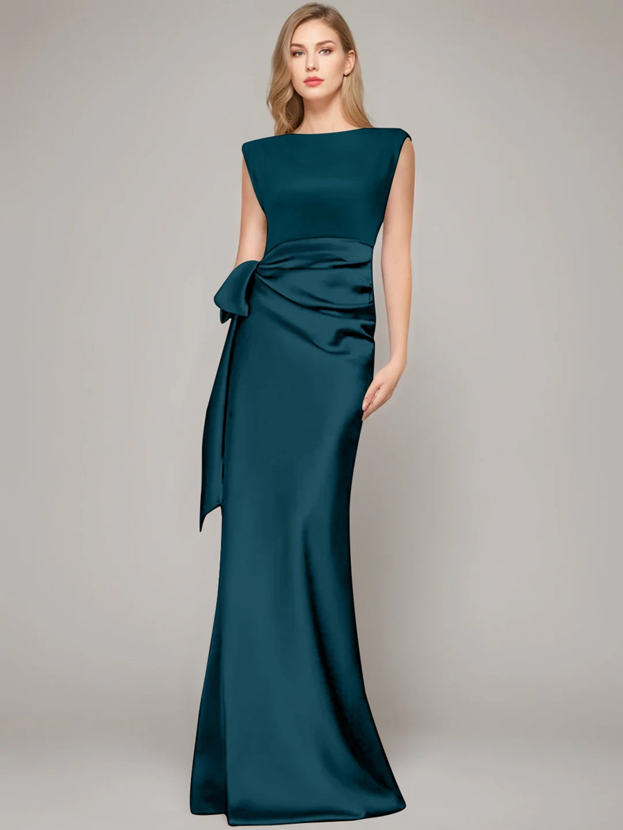 Sheath/Column Scoop Sleeveless Floor-Length Mother of the Bride Dresses with Bow & Shoulder Pad