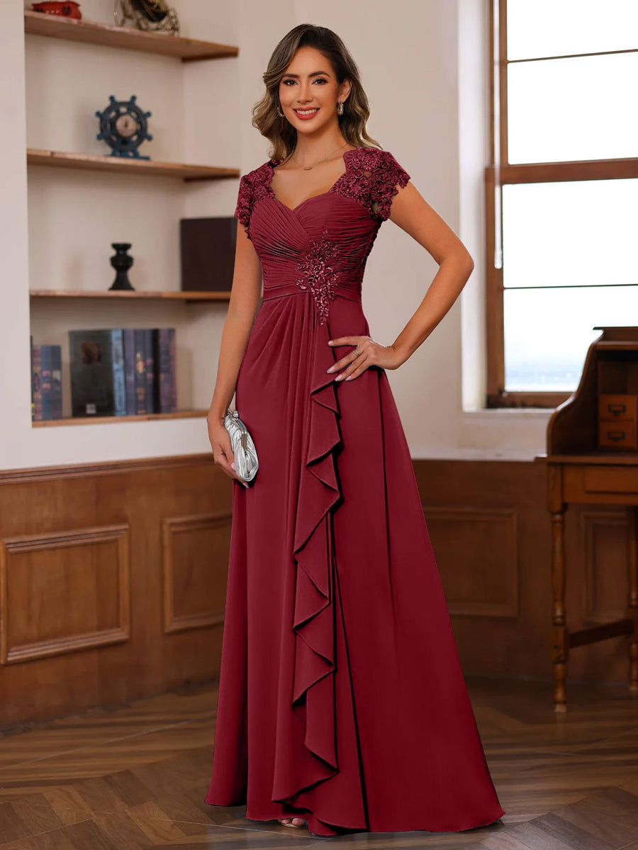 A-Line/Princess V-Neck Short Sleeves Pleated Mother of the Bride & Groom Dresses with Ruffles & Appliques