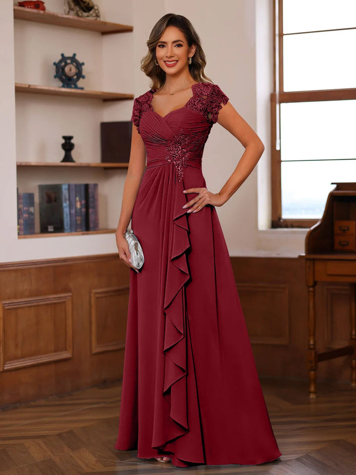 A-Line/Princess V-Neck Short Sleeves Pleated Mother of the Bride & Groom Dresses with Ruffles & Appliques