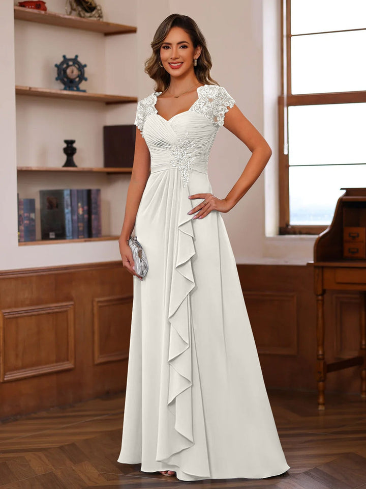 A-Line/Princess V-Neck Short Sleeves Pleated Mother of the Bride & Groom Dresses with Ruffles & Appliques