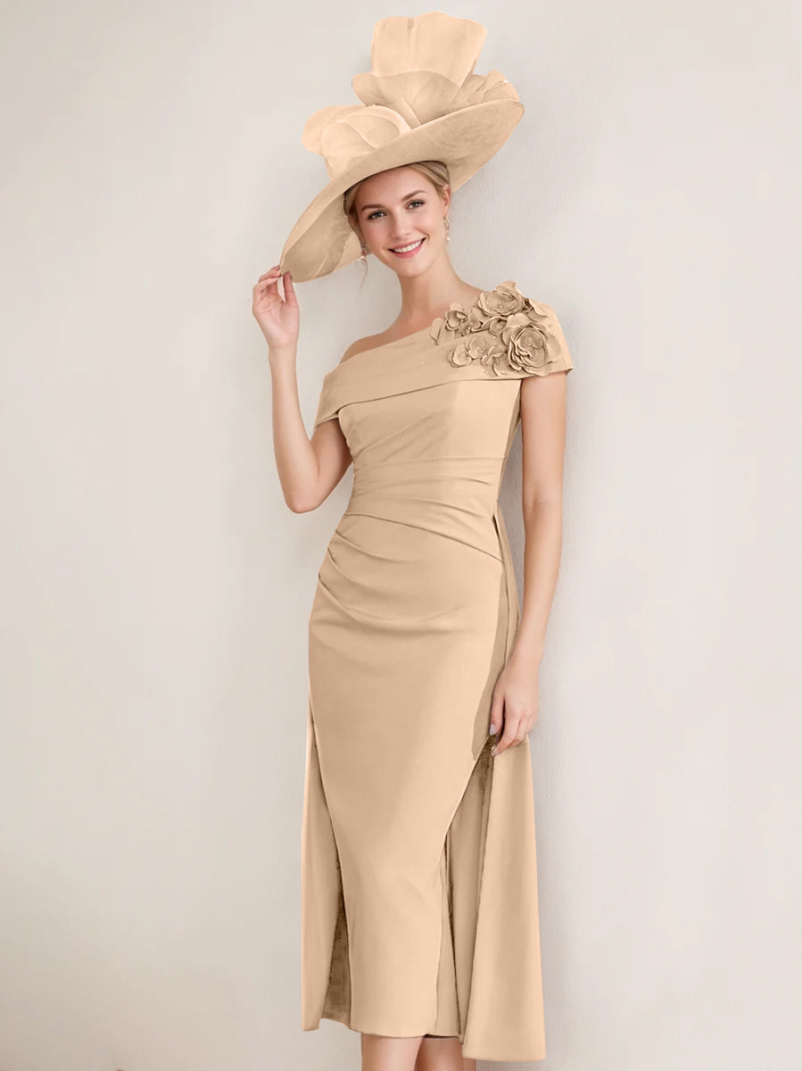 Sheath/Column Off-the-Shoulder Pleated Tea-Length Mother of the Bride Dresses with 3D Flower