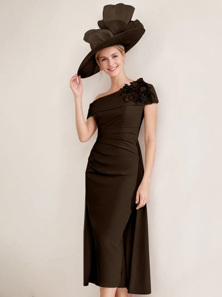 Sheath/Column Off-the-Shoulder Pleated Tea-Length Mother of the Bride Dresses with 3D Flower