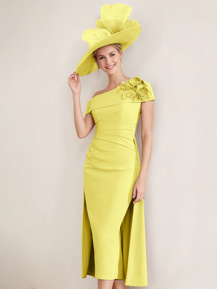 Sheath/Column Off-the-Shoulder Pleated Tea-Length Mother of the Bride Dresses with 3D Flower