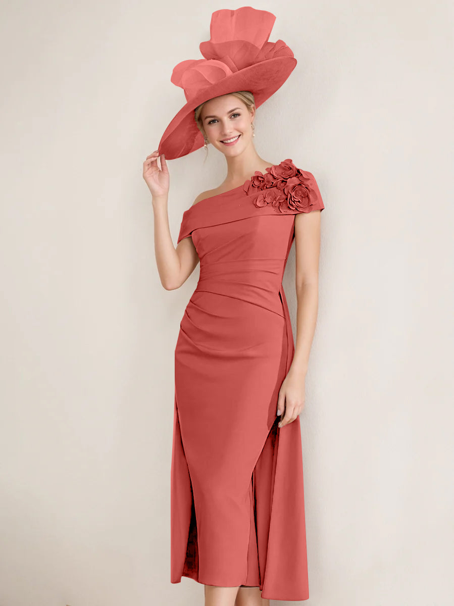 Sheath/Column Off-the-Shoulder Pleated Tea-Length Mother of the Bride Dresses with 3D Flower