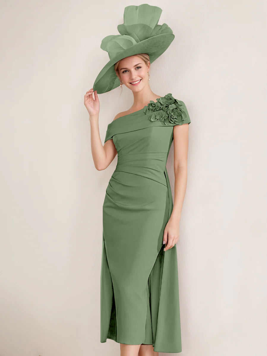 Sheath/Column Off-the-Shoulder Pleated Tea-Length Mother of the Bride Dresses with 3D Flower