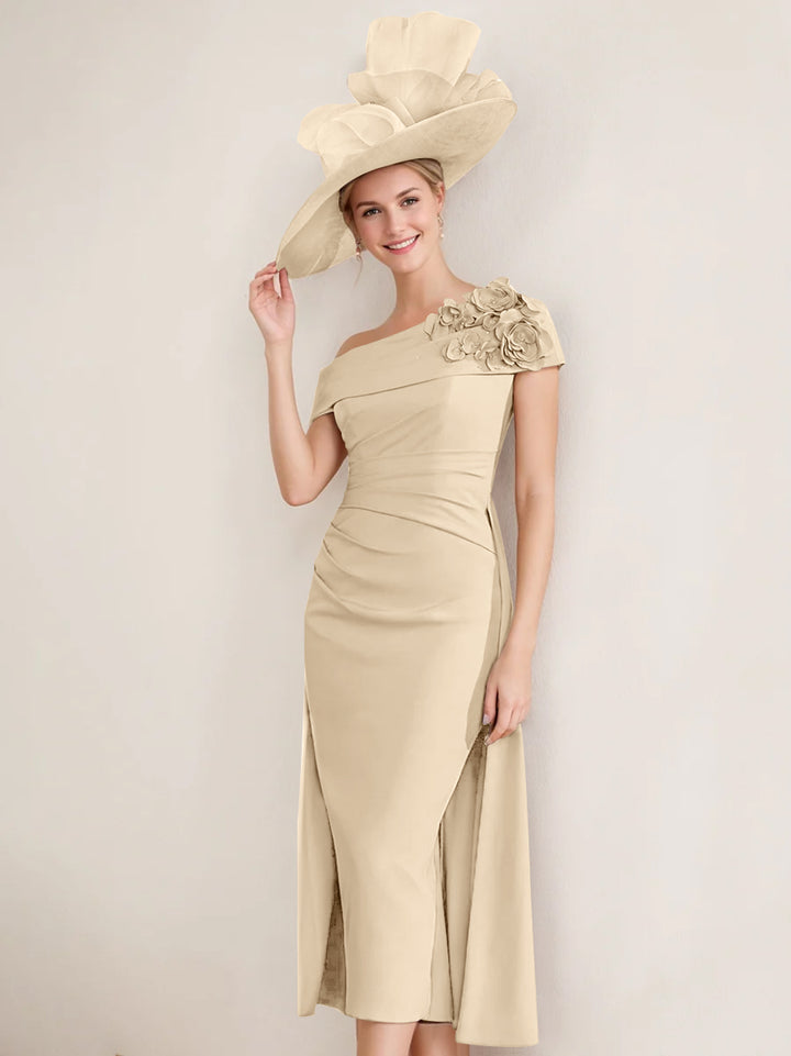 Sheath/Column Off-the-Shoulder Pleated Tea-Length Mother of the Bride Dresses with 3D Flower