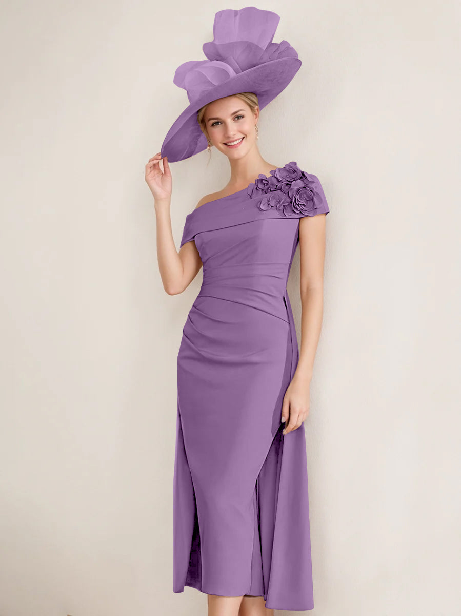 Sheath/Column Off-the-Shoulder Pleated Tea-Length Mother of the Bride Dresses with 3D Flower