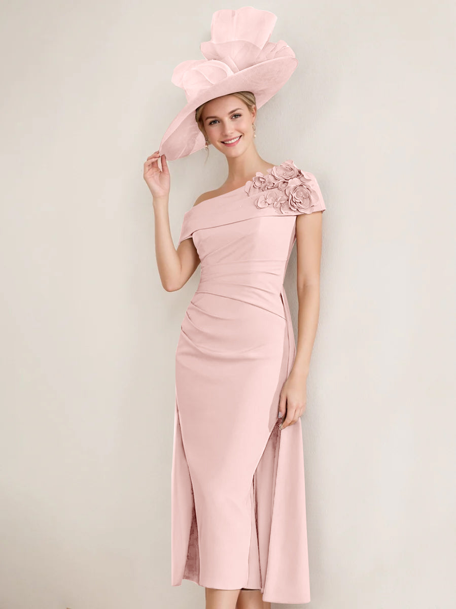 Sheath/Column Off-the-Shoulder Pleated Tea-Length Mother of the Bride Dresses with 3D Flower