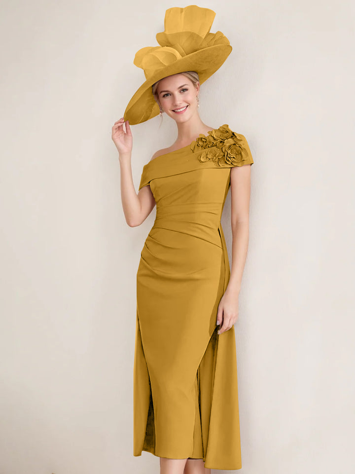 Sheath/Column Off-the-Shoulder Pleated Tea-Length Mother of the Bride Dresses with 3D Flower