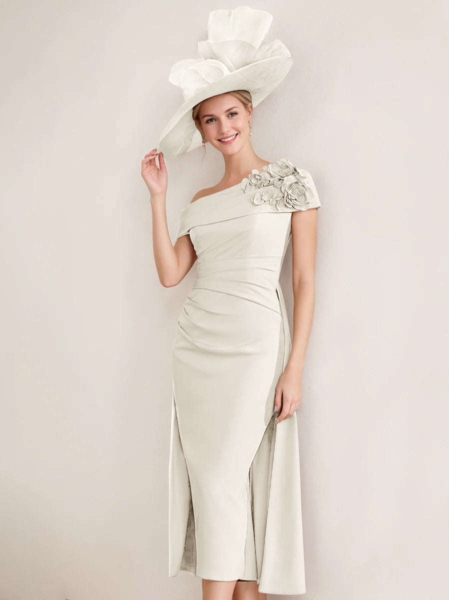 Sheath/Column Off-the-Shoulder Pleated Tea-Length Mother of the Bride Dresses with 3D Flower