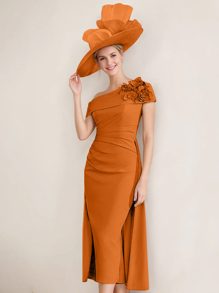 Sheath/Column Off-the-Shoulder Pleated Tea-Length Mother of the Bride Dresses with 3D Flower