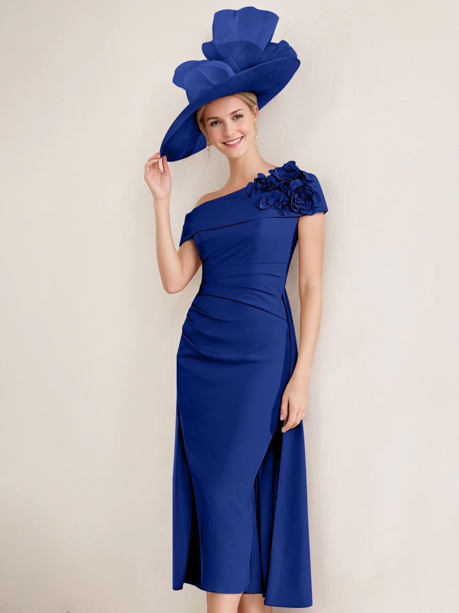Sheath/Column Off-the-Shoulder Pleated Tea-Length Mother of the Bride Dresses with 3D Flower