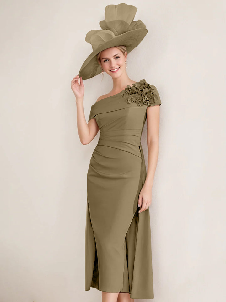Sheath/Column Off-the-Shoulder Pleated Tea-Length Mother of the Bride Dresses with 3D Flower