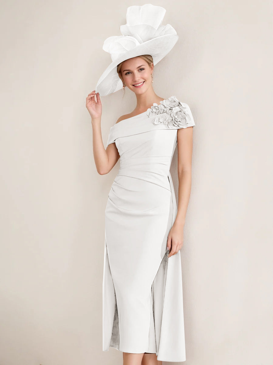 Sheath/Column Off-the-Shoulder Pleated Tea-Length Mother of the Bride Dresses with 3D Flower