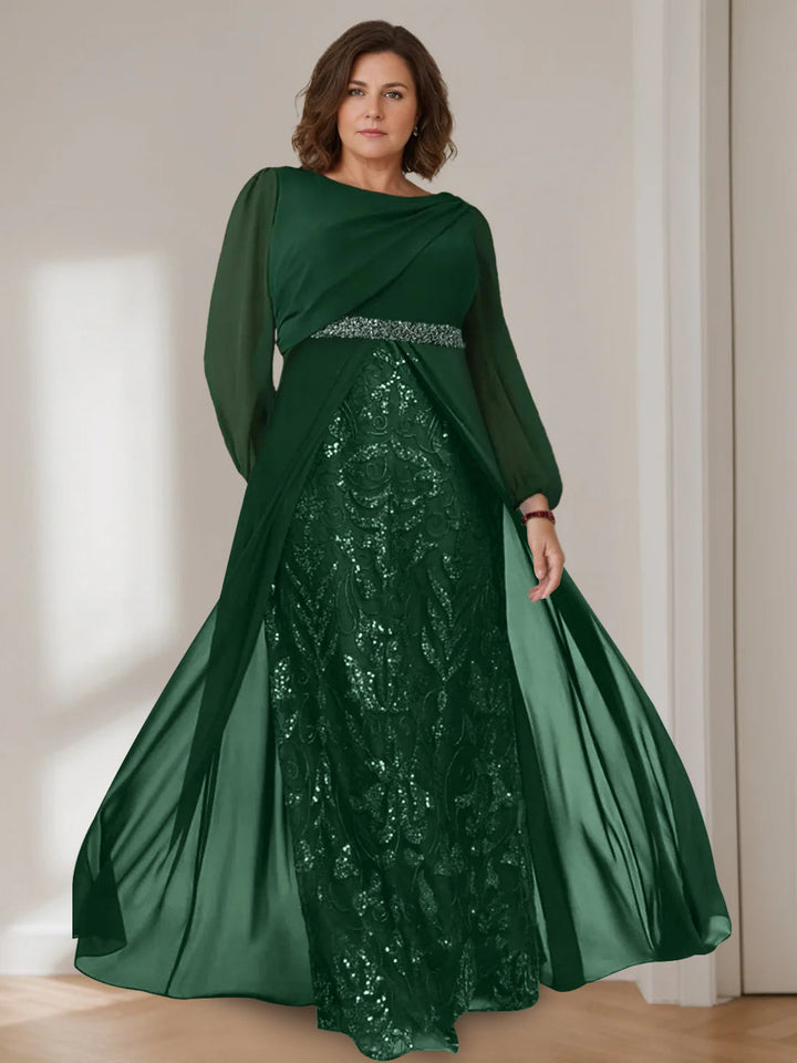 A-Line/Princess Scoop Long Sleeves Floor-Length Plus Size Mother of the Bride Dresses with Sequins