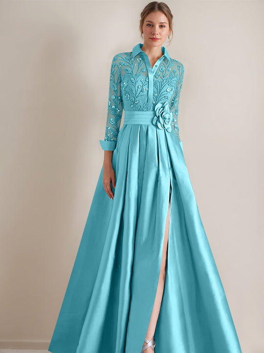 A-Line/Princess Shirt Collar Long Sleeves Floor-Length Mother of the Bride Dresses with Appliques &amp; Flower Belt