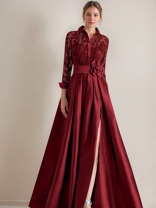 A-Line/Princess Shirt Collar Long Sleeves Floor-Length Mother of the Bride Dresses with Appliques &amp; Flower Belt