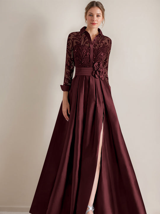 A-Line/Princess Shirt Collar Long Sleeves Floor-Length Mother of the Bride Dresses with Appliques &amp; Flower Belt