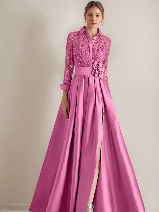 A-Line/Princess Shirt Collar Long Sleeves Floor-Length Mother of the Bride Dresses with Appliques &amp; Flower Belt