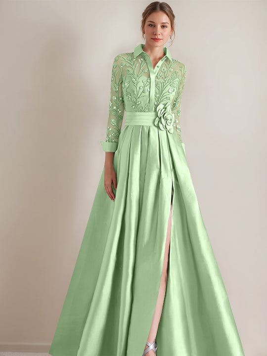 A-Line/Princess Shirt Collar Long Sleeves Floor-Length Mother of the Bride Dresses with Appliques &amp; Flower Belt