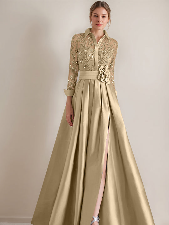 A-Line/Princess Shirt Collar Long Sleeves Floor-Length Mother of the Bride Dresses with Appliques &amp; Flower Belt