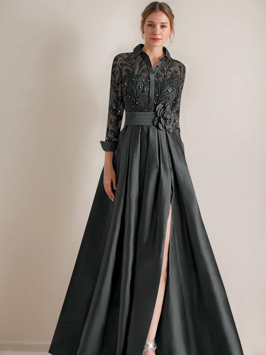 A-Line/Princess Shirt Collar Long Sleeves Floor-Length Mother of the Bride Dresses with Appliques &amp; Flower Belt