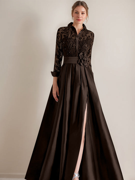 A-Line/Princess Shirt Collar Long Sleeves Floor-Length Mother of the Bride Dresses with Appliques &amp; Flower Belt