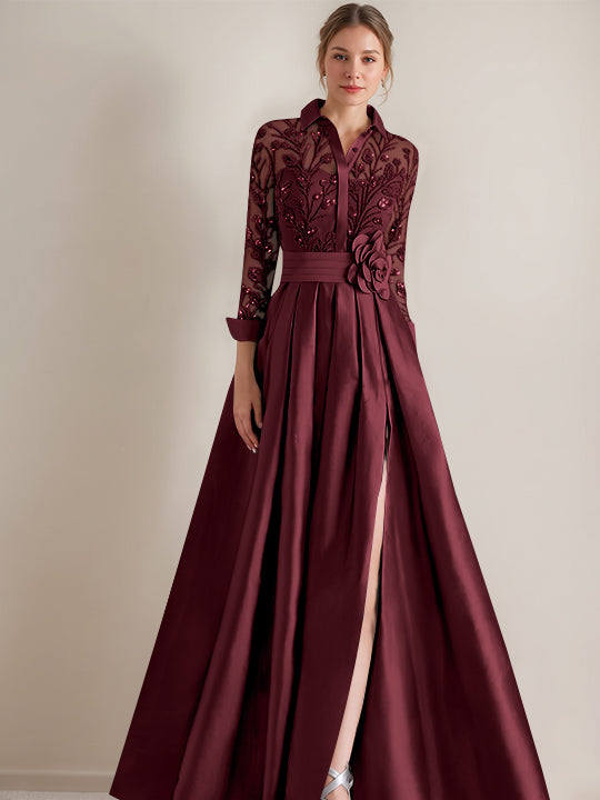 A-Line/Princess Shirt Collar Long Sleeves Floor-Length Mother of the Bride Dresses with Appliques &amp; Flower Belt
