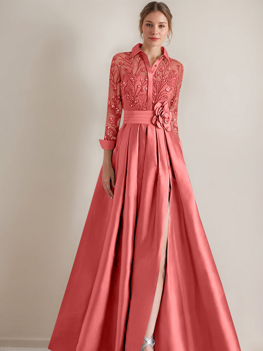 A-Line/Princess Shirt Collar Long Sleeves Floor-Length Mother of the Bride Dresses with Appliques &amp; Flower Belt