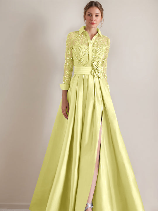 A-Line/Princess Shirt Collar Long Sleeves Floor-Length Mother of the Bride Dresses with Appliques &amp; Flower Belt