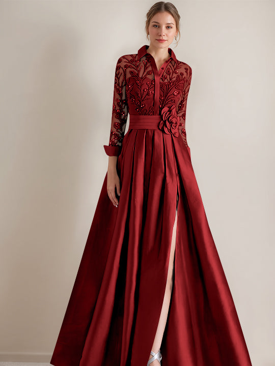 A-Line/Princess Shirt Collar Long Sleeves Floor-Length Mother of the Bride Dresses with Appliques &amp; Flower Belt