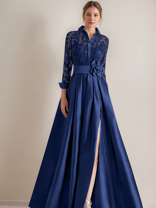 A-Line/Princess Shirt Collar Long Sleeves Floor-Length Mother of the Bride Dresses with Appliques &amp; Flower Belt