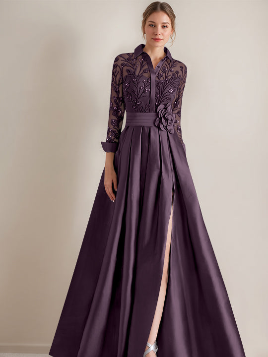 A-Line/Princess Shirt Collar Long Sleeves Floor-Length Mother of the Bride Dresses with Appliques &amp; Flower Belt