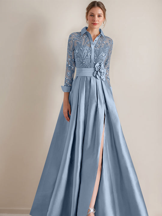 A-Line/Princess Shirt Collar Long Sleeves Floor-Length Mother of the Bride Dresses with Appliques &amp; Flower Belt